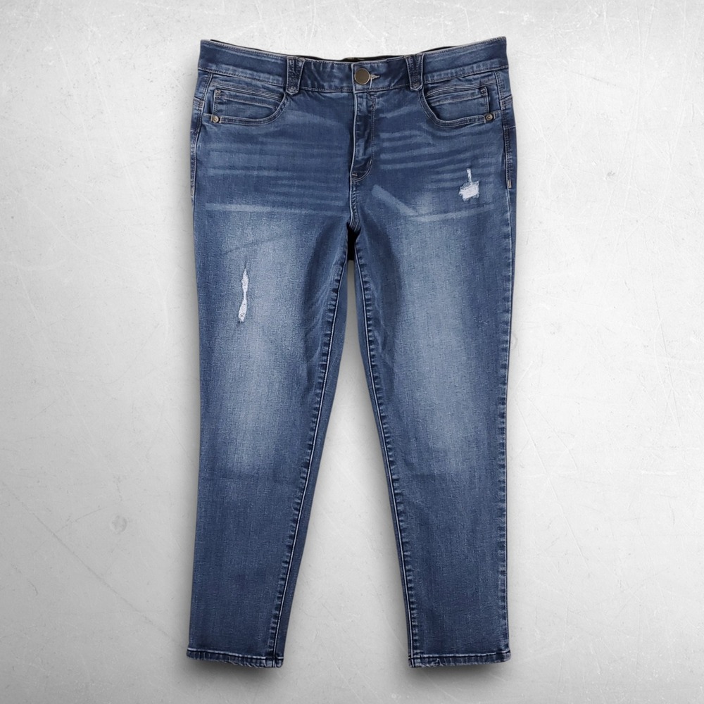 Democracy Absolution Ankle Skimmer Jeans Women 14 Blue Stretch Slim Distressed